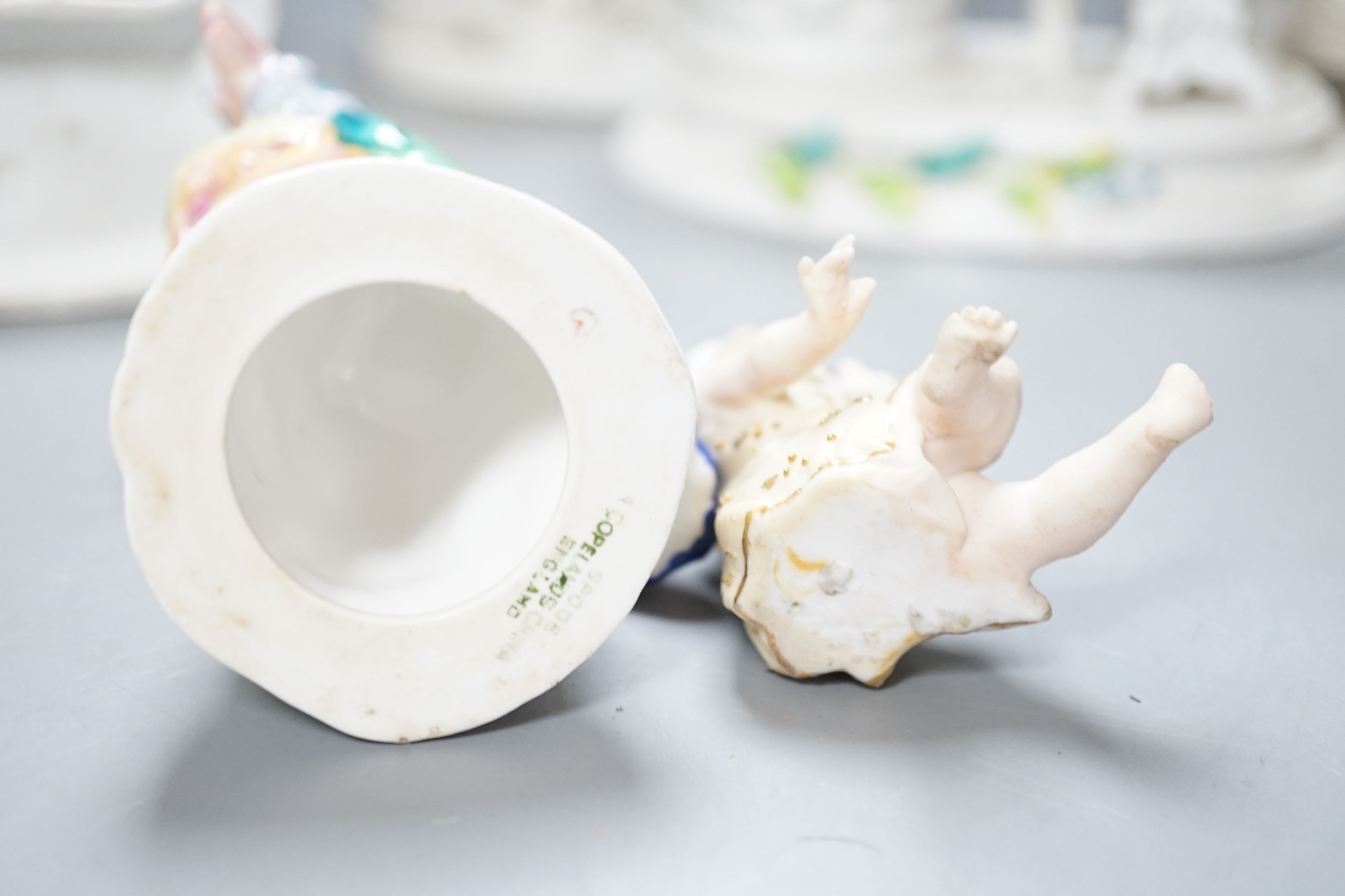 Ornamental china including uncommon three legged fairing, fairing 11 cms high, two continental porcelain groups, a Worcester figure the parakeet etc.